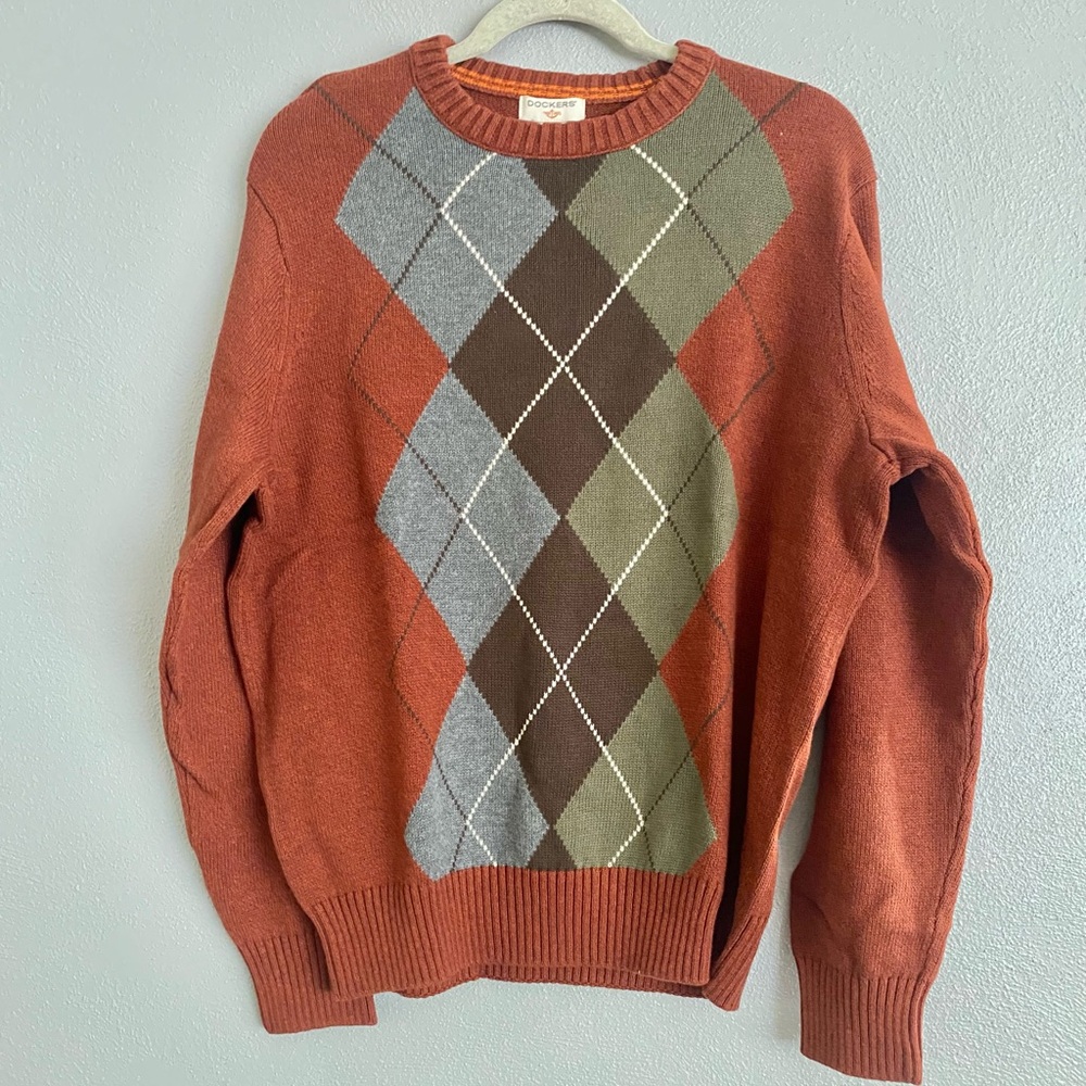 Vintage Dockers Mens Sweater Size Medium Knit Orange Argyle 90s Y2K Crewneck